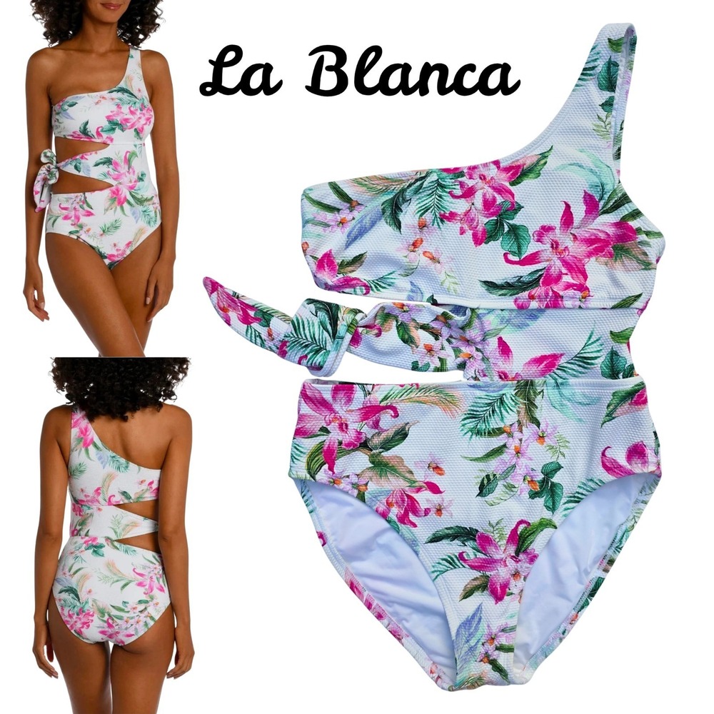 La Blanca Swimsuit Size‎ 8 White Colorful Tropical Floral One Piece Cut Out